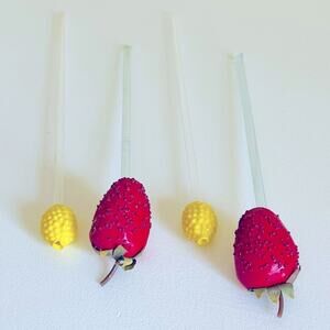 Vtg Glass Swizzle Sticks Strawberry Paper Mache Pineapple Stirrers Blown Glass